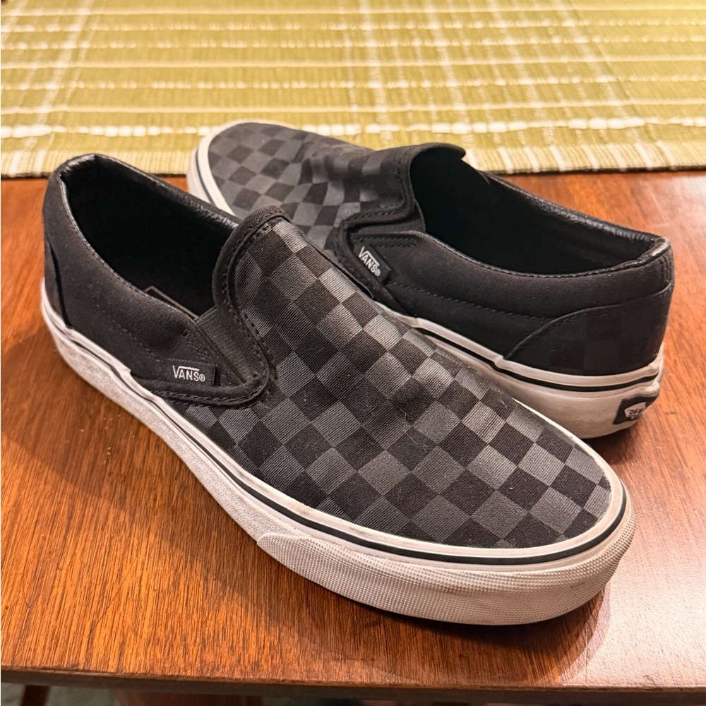 Vans black and gray checkered slip ons